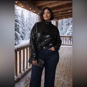 Cashmere Anthropologie NWT The Alani Mock-Neck Sweater Sequinned by Pilcro 3X.